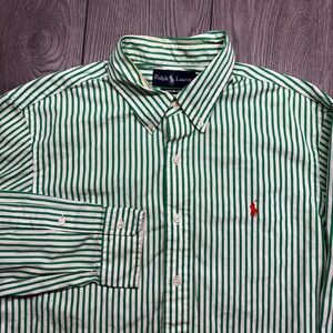 Vintage Polo Ralph Lauren 1990s Stripe Button Down Up Shirt Preppy Green Large